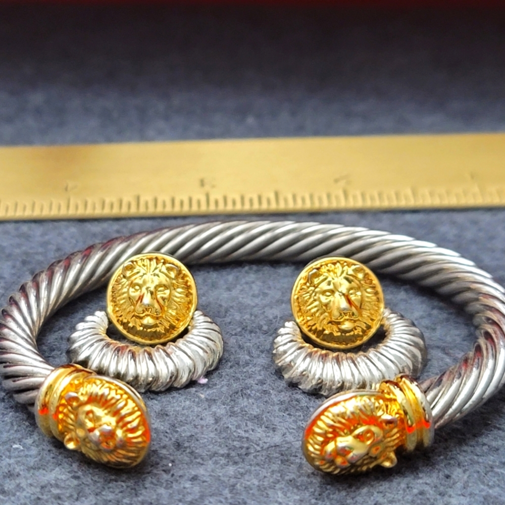 Vintage Anne Klein set lion logo door knocker earrings cuff bracelet silver gold